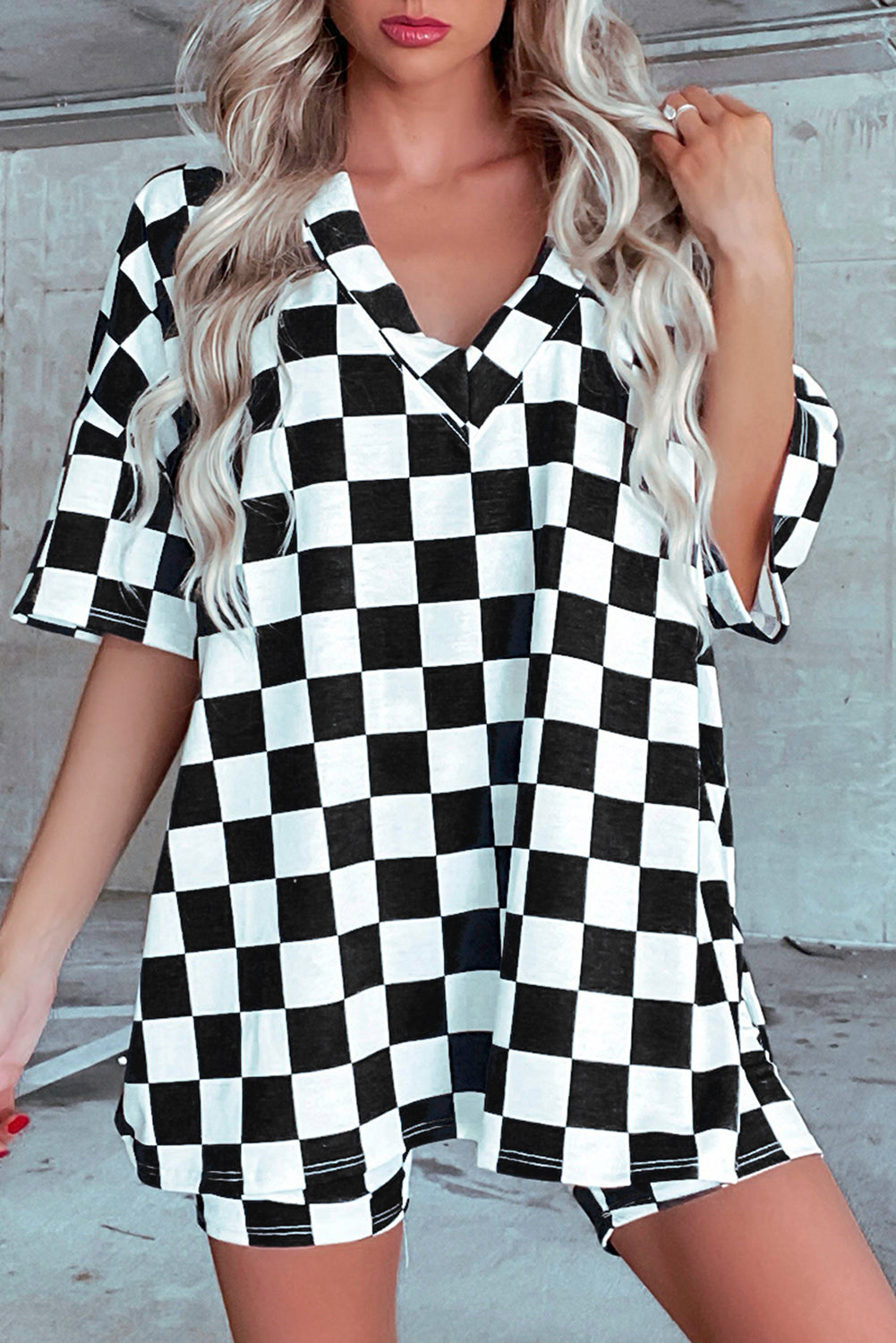 Black Checkered Print V Neck Pocketed Pajama Set