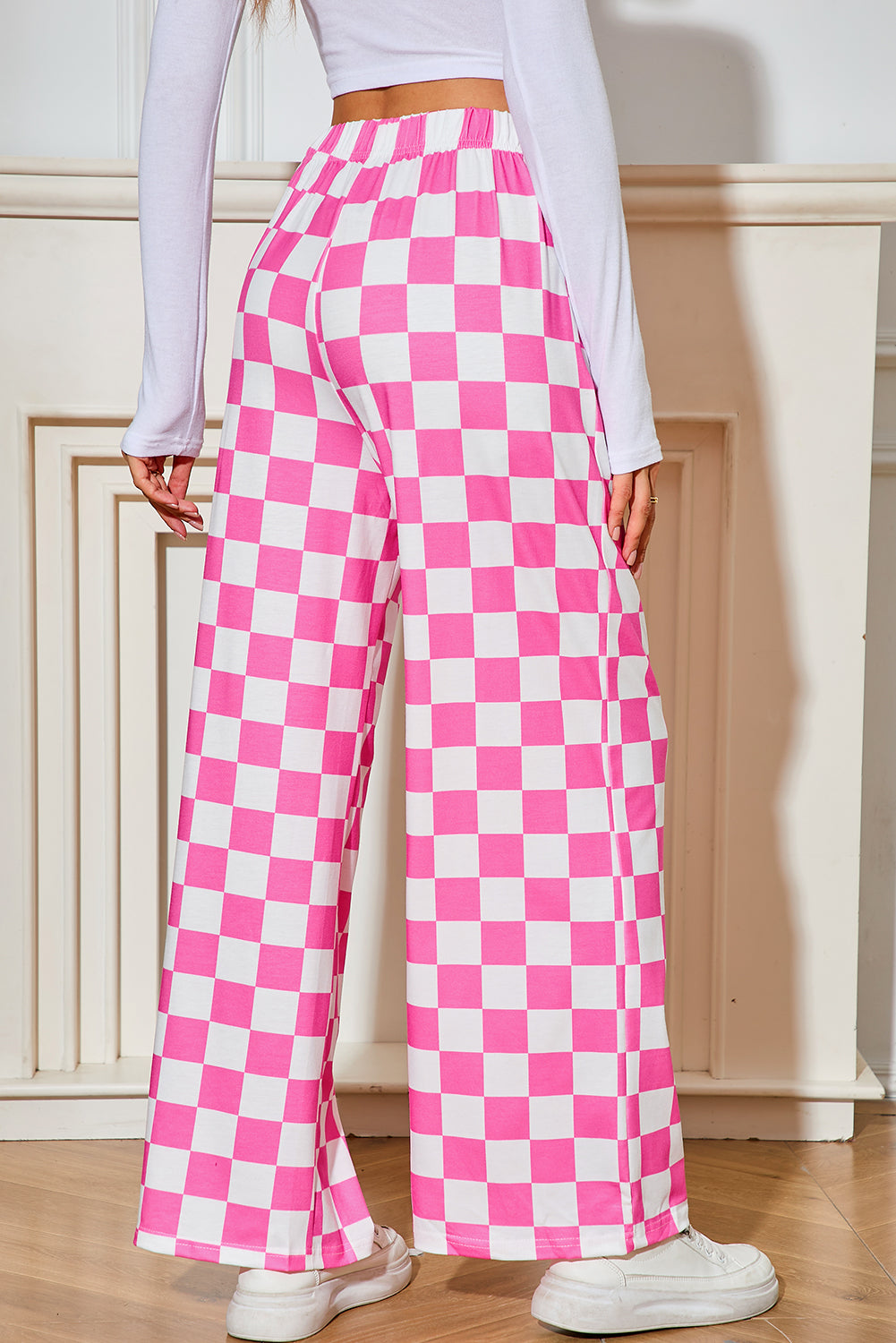 Black Checkered Print High Waist Wide Leg Pants