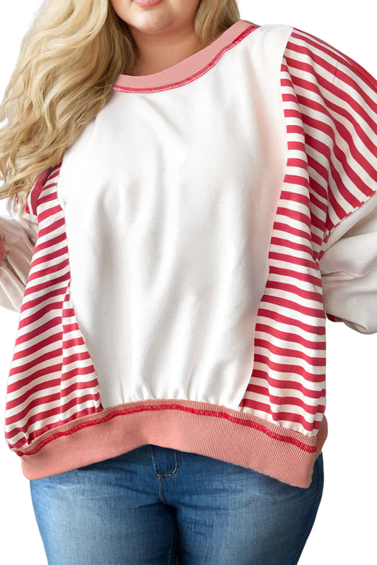 Red Stripe Colorblock Patchwork Stitching Detail Plus Size Sweatshirt