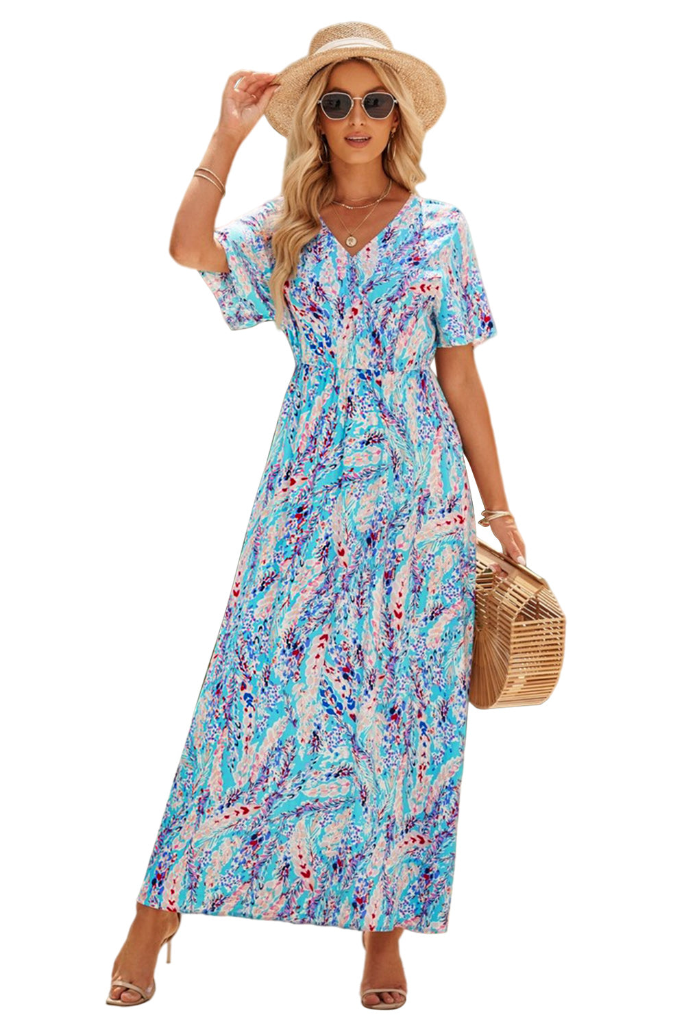 Aubrey Abstract Print Wrap V Neck Flutter Sleeve Mid Length Summer Dress