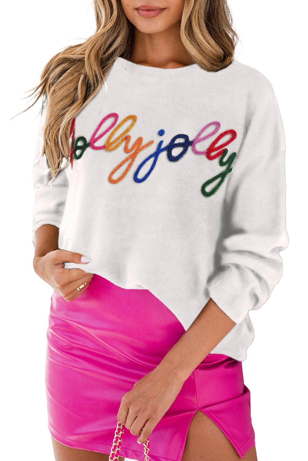 White XOXO Chenille Letter Round Neck Casual Sweater