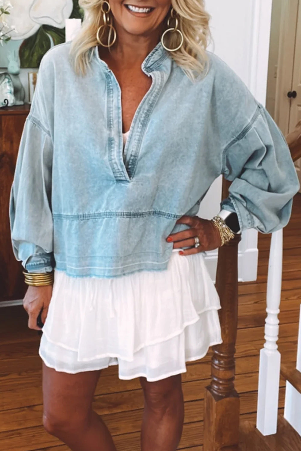 Beau Blue Light Wash Puff Sleeve V Neck Denim Blouse