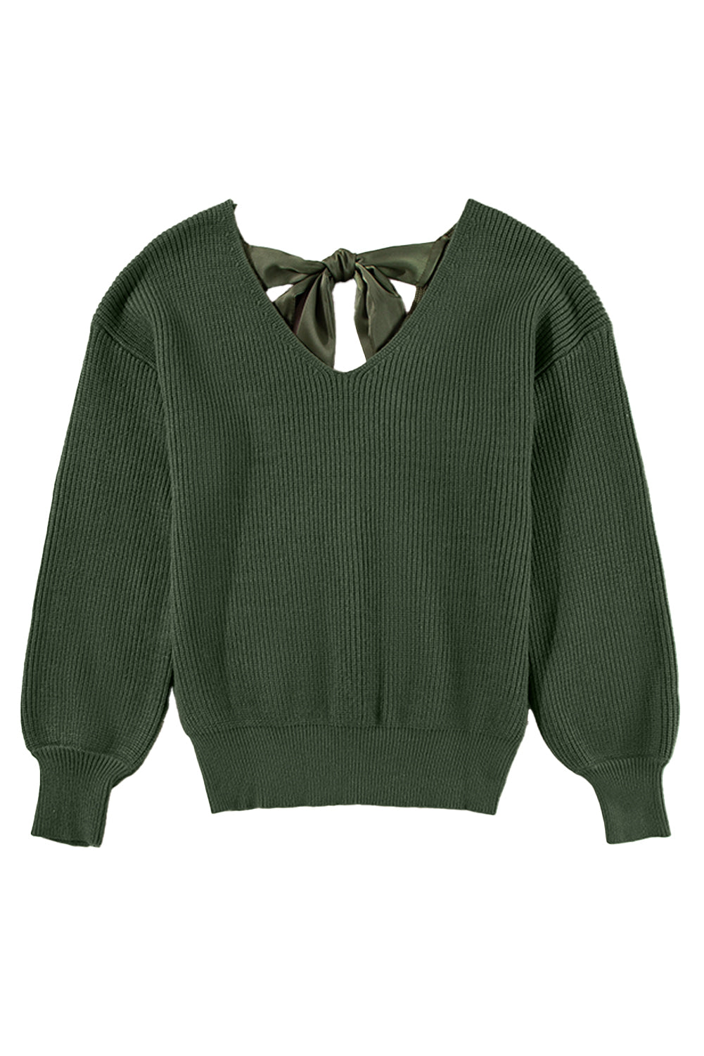 Racing Red Lantern Sleeve V Neck Knot Back Sweater