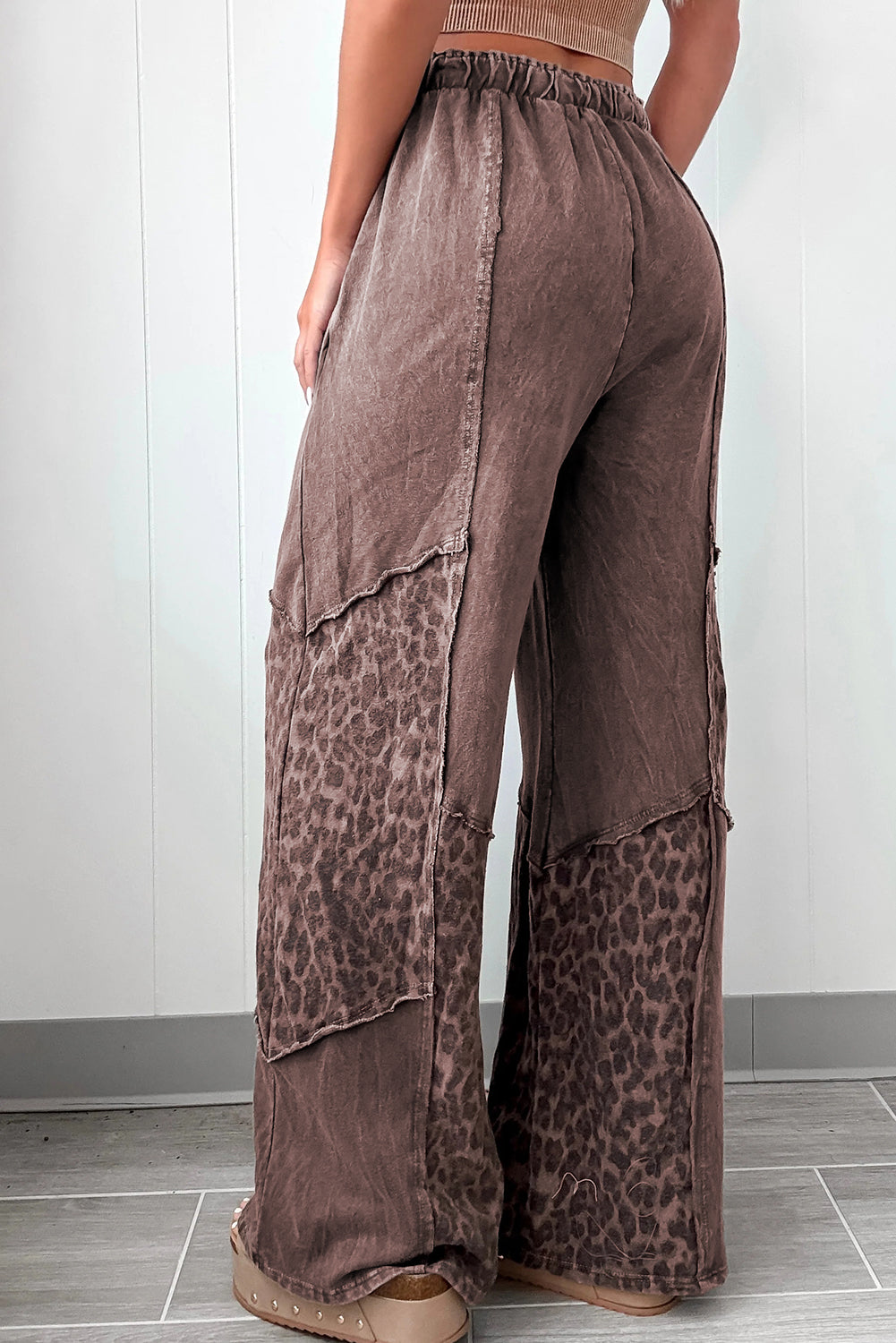 Coffee Mineral Wash Leopard Patchwork Loose Pants