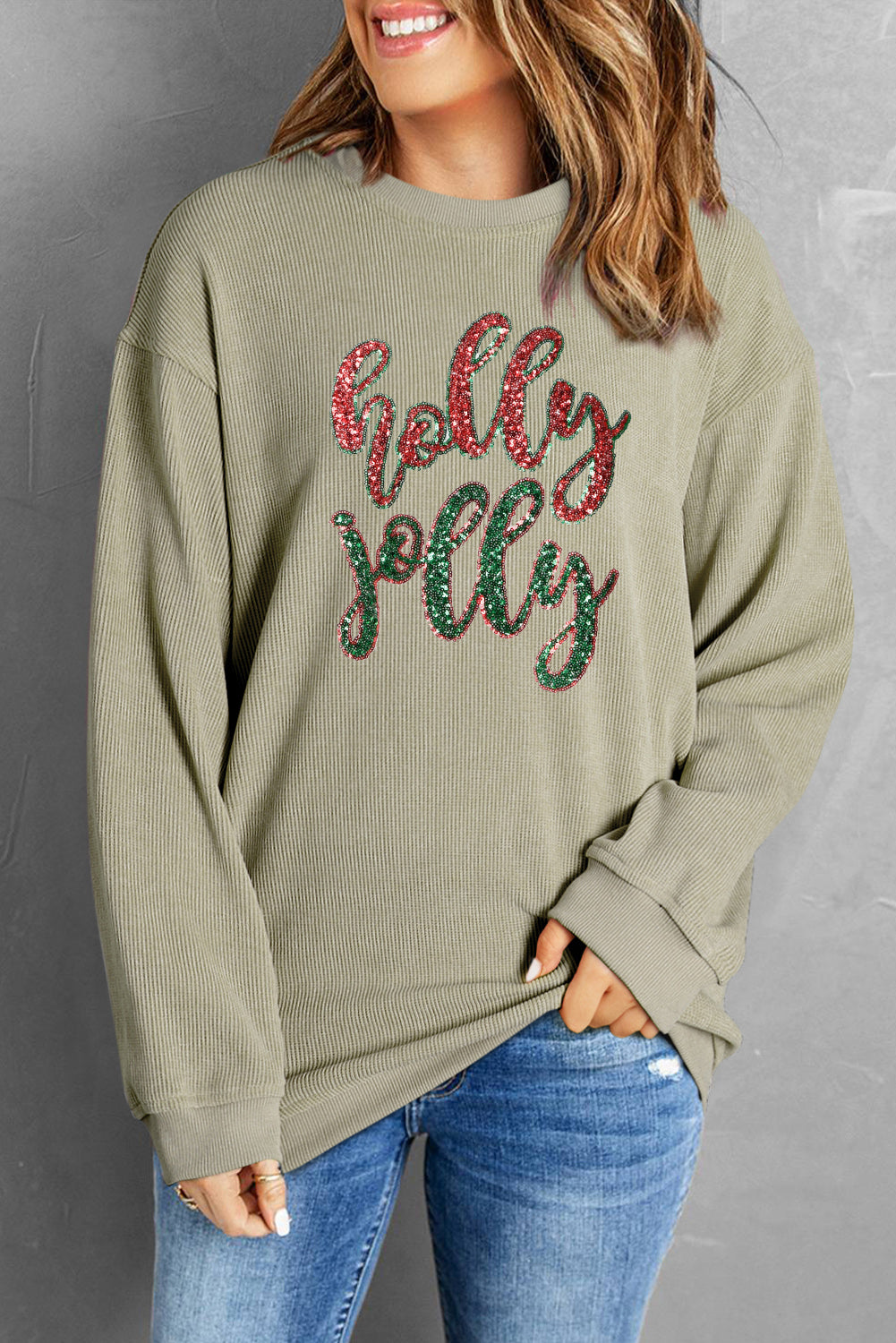Green Sequin holly jolly Letter Patch Application Corded Sweatshirt