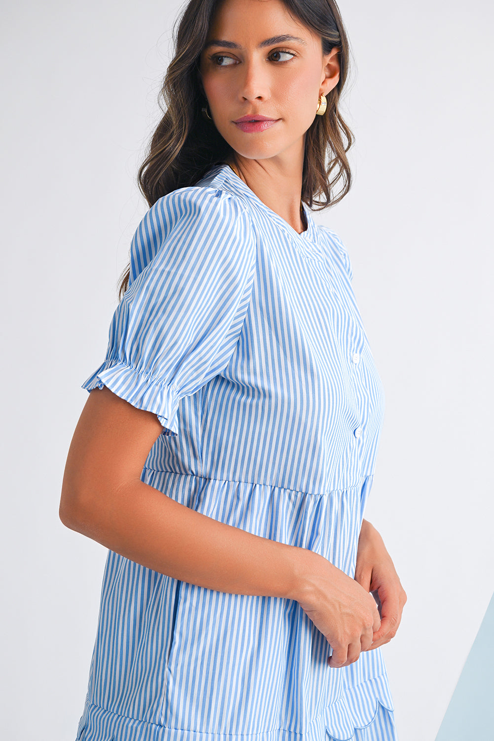Sky Blue Stripe Bubble Sleeve Scallop Tiered Dress
