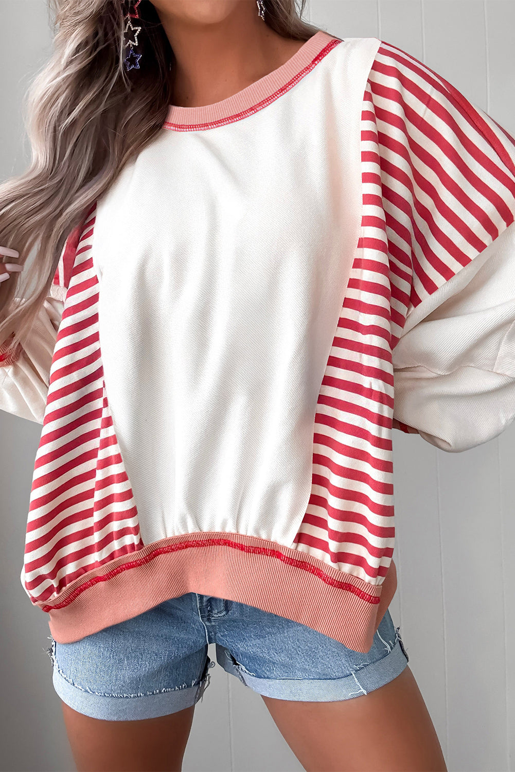 White Striped Colorblock Patchwork Oversized Sweatshirt