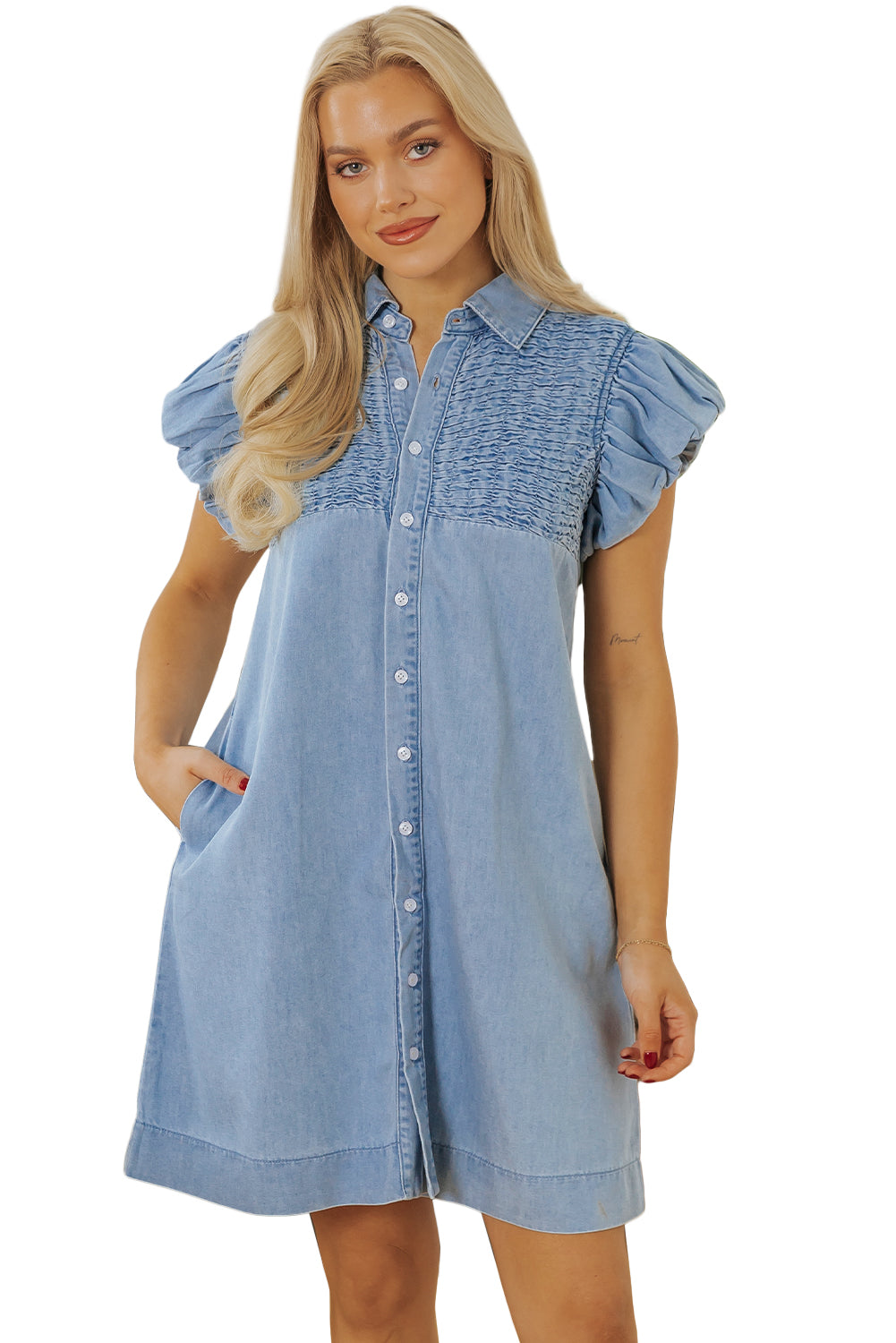 Beau Blue Flutter Sleeve Shirred Button Up Denim Mini Dress