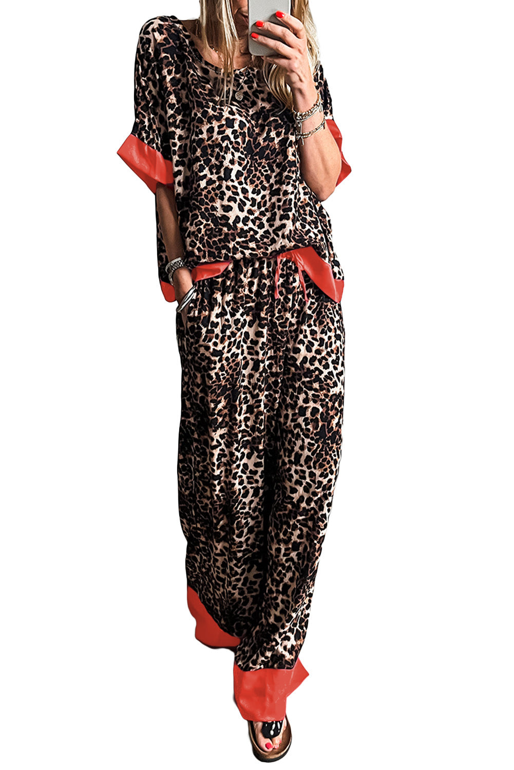 Brown Leopard Print Colorblock Edge Loose Fit Pants Set