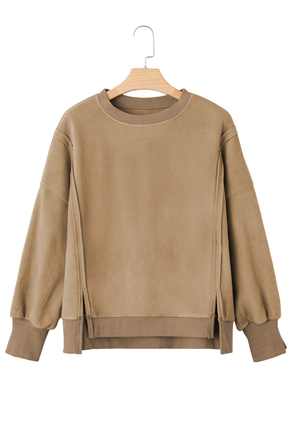 Dark Khaki Fuzzy Sherpa Splicing Pullover Sweatshirt