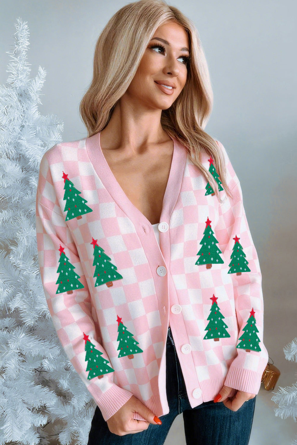 Dolan Red Checkered Christmas Tree Cardigan