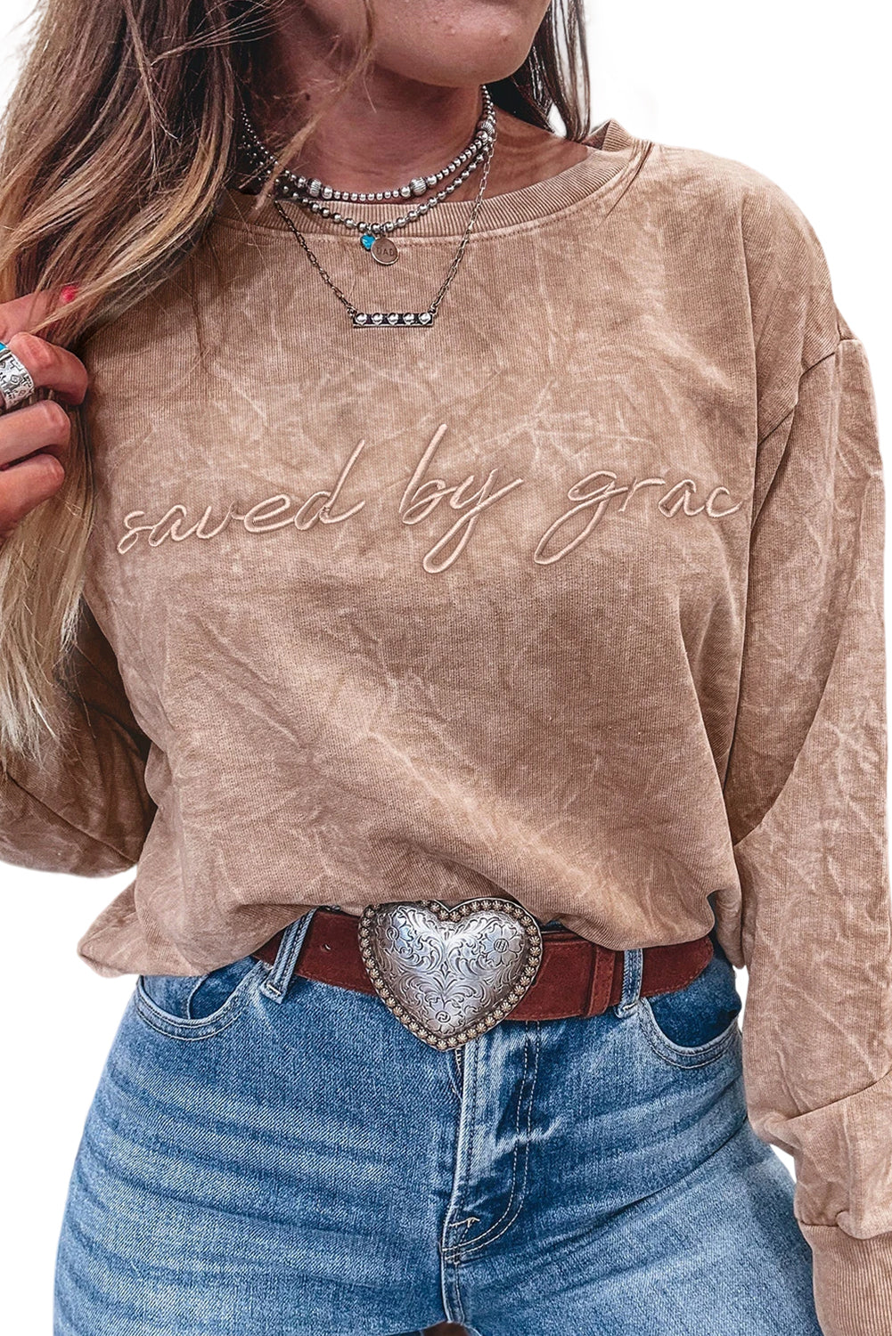 Sea Green  saved by grace Letter Embroidery Mineral Wash Loose Sweatshirt
