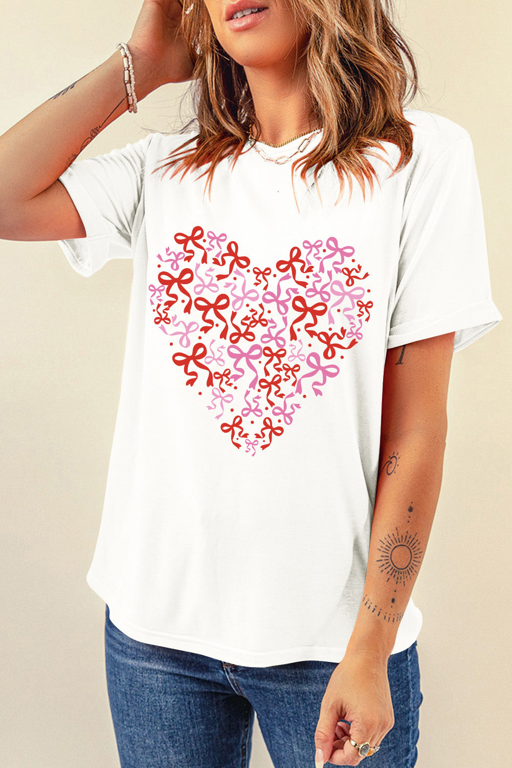 White Bowknot Heart Printed Crewneck Valentines Tee