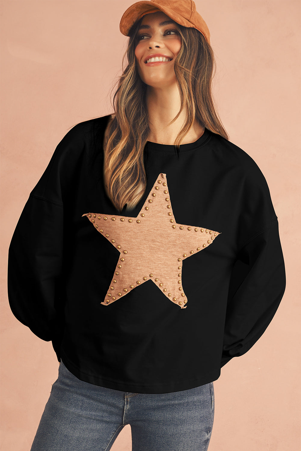 Black Studded Star Graphic Oversized Top