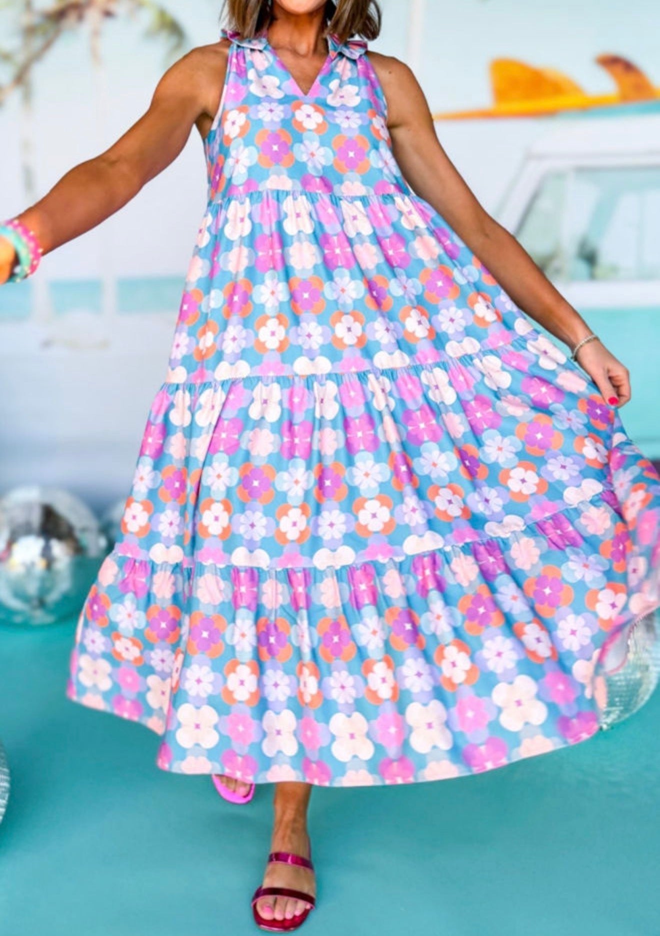 Retro Floral Tiered Maxi Dress