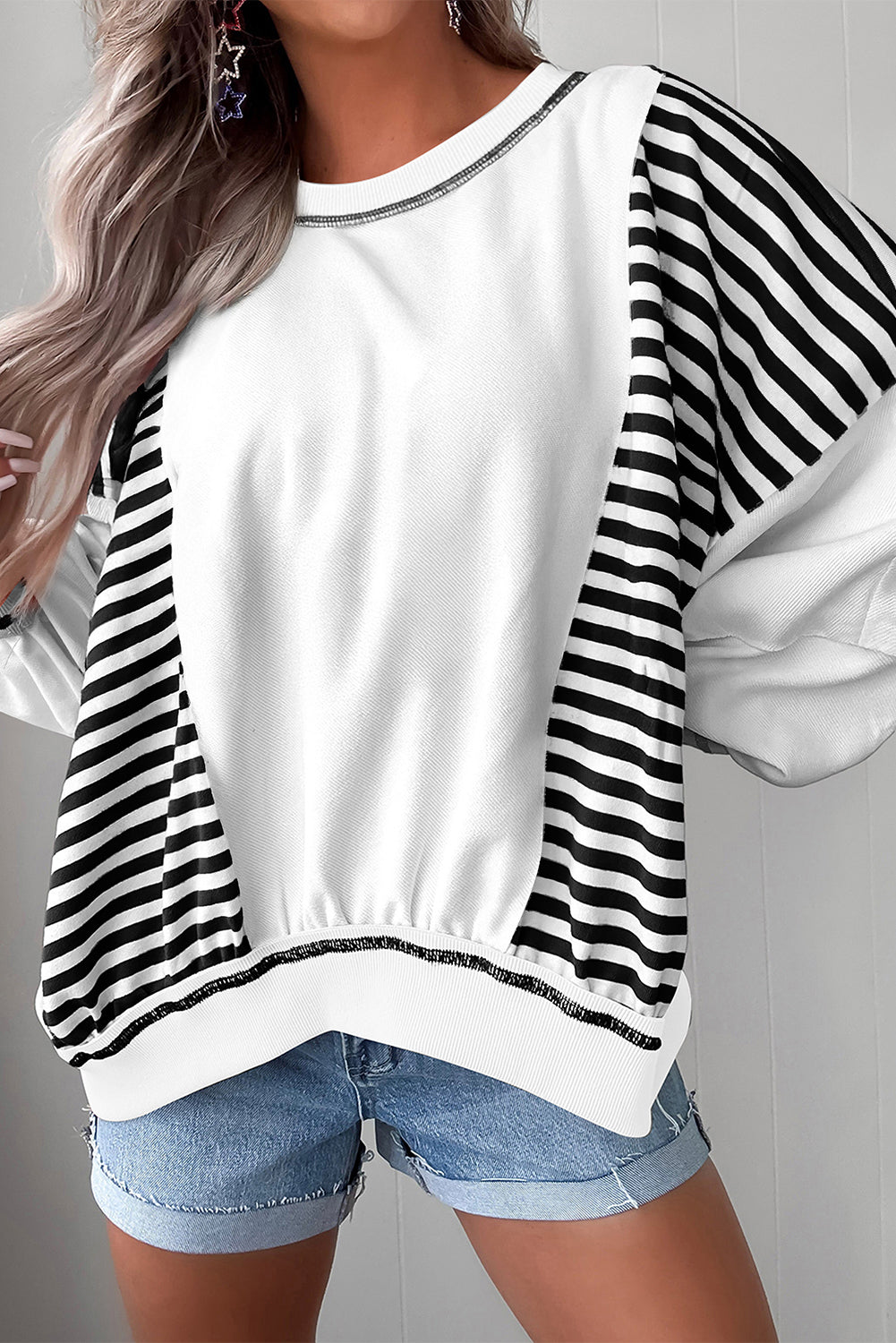 White Striped Colorblock Patchwork Oversized Sweatshirt