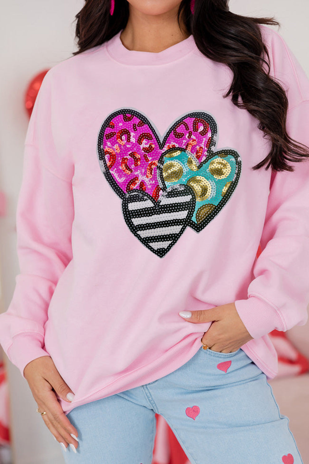 Pink Leopard Heart Patched Graphic Valentines Pullover Sweatshirt