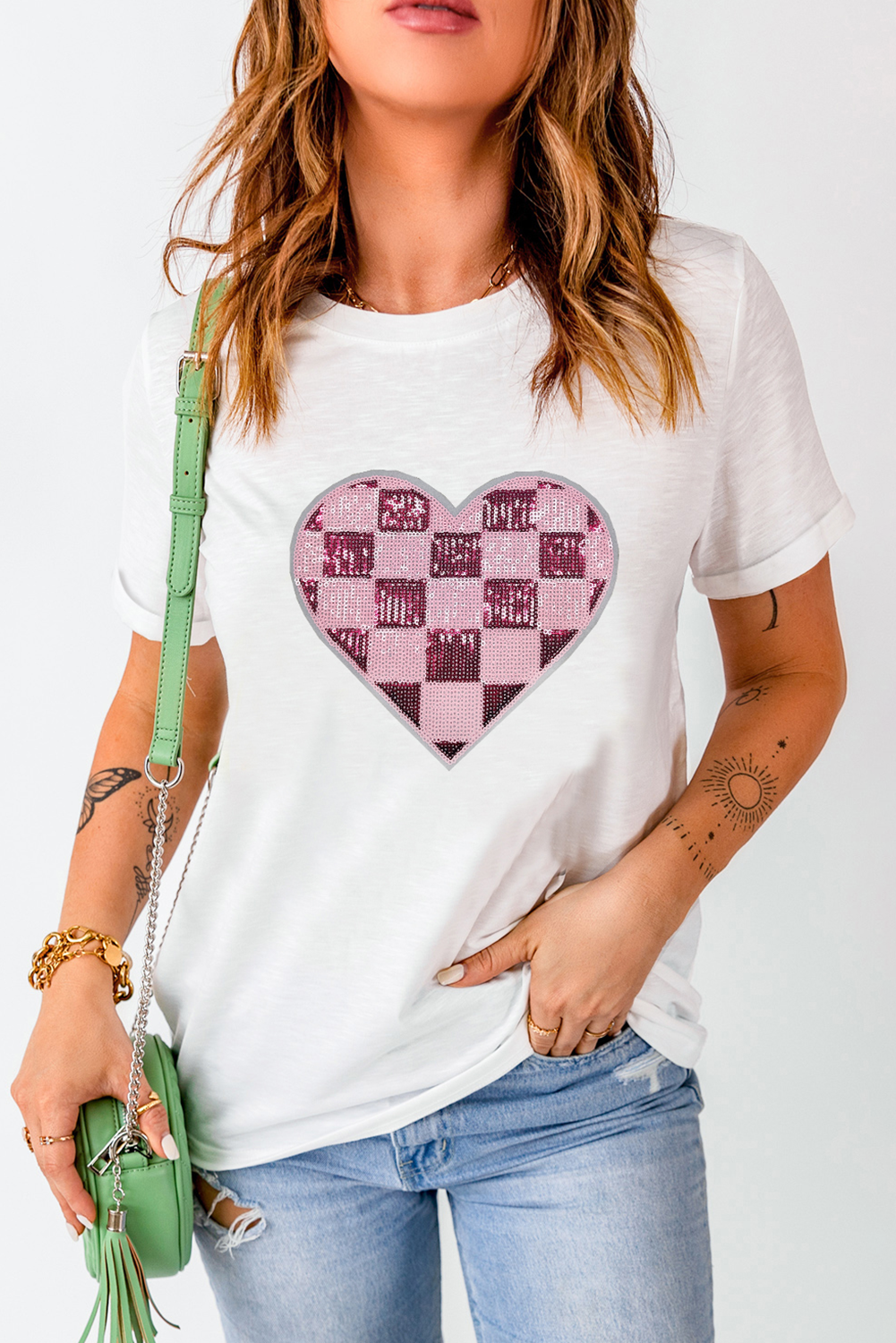 White Checkered Heart Patched Valentines Graphic Tee