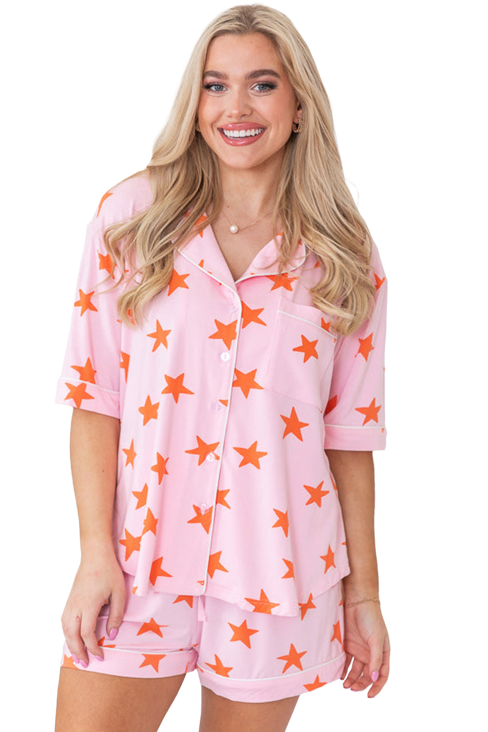 Pink Stars Short Sleeve Shirt and Shorts Pajama Set