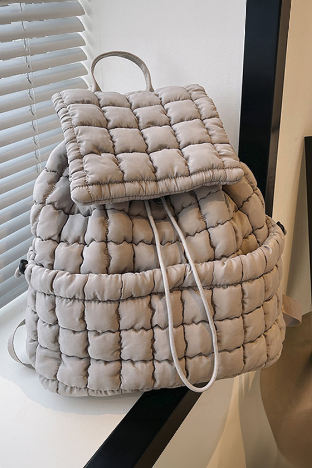 Coffee Solid Flapped Quilted Puffer Backpack