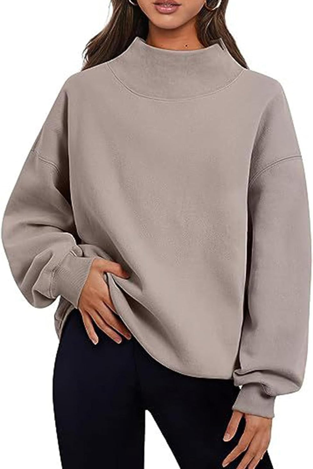 Lenny Grey Solid Color High Neck Long Sleeve Loose Sweatshirt
