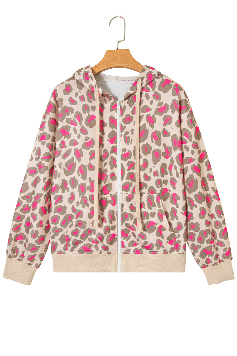 Rose Leopard Print Zip Up Hooded Sweatshirt