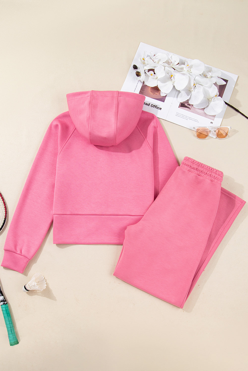 Pink Solid Color Zip Up Hoodie Drawstring Loose Pants Set