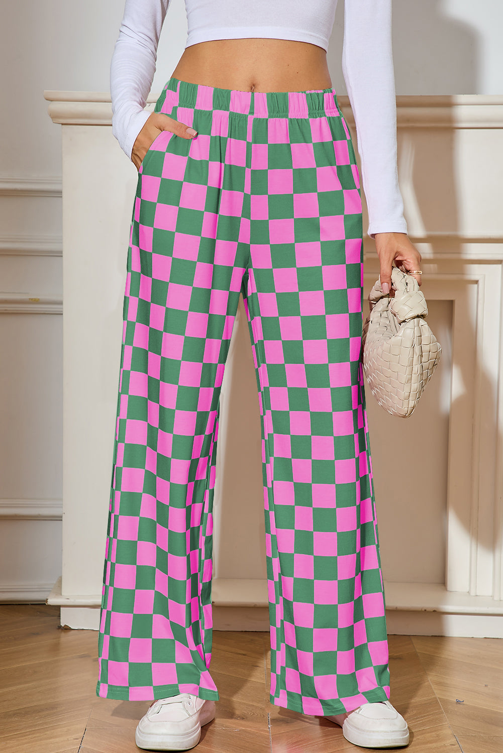 Black Checkered Print High Waist Wide Leg Pants