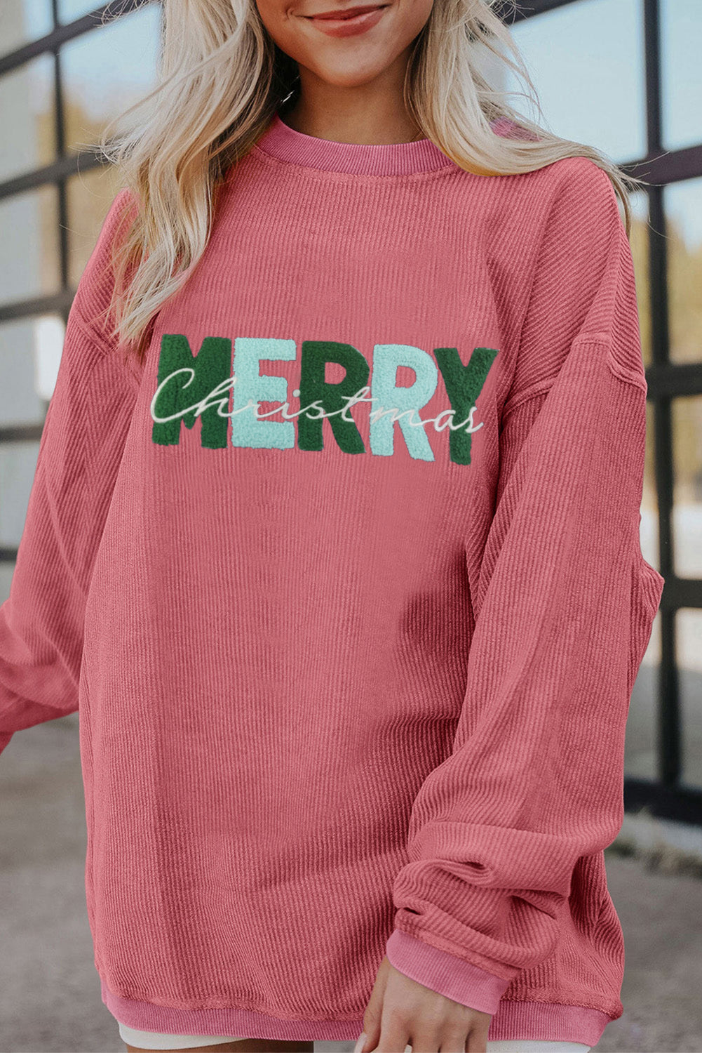 Strawberry Pink MERRY Christmas Terry Flocking Corded Graphic Sweatshirt