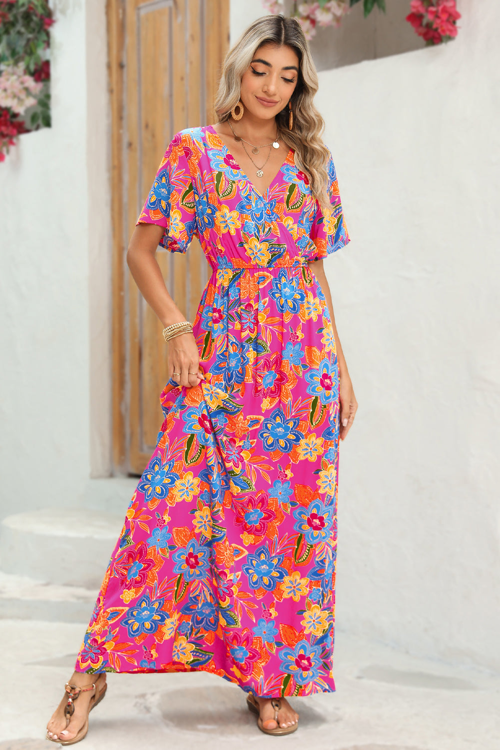 Aubrey Abstract Print Wrap V Neck Flutter Sleeve Mid Length Summer Dress