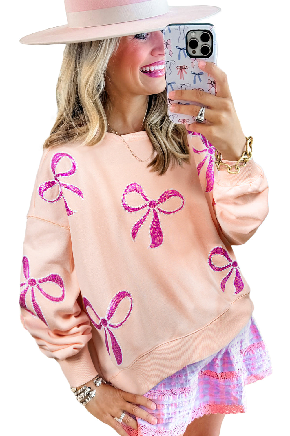 Apricot Pink Sequin Bow Drop Shoulder Oversized Sweatshirt