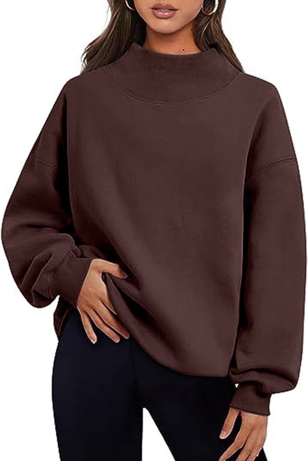 Lenny Grey Solid Color High Neck Long Sleeve Loose Sweatshirt
