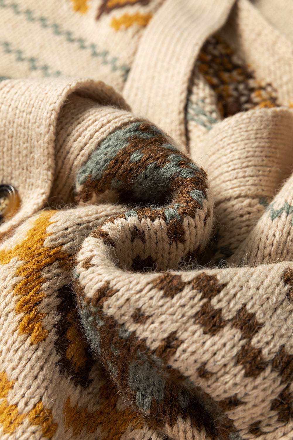 Khaki Geometric Pattern Button V Neck Cardigan