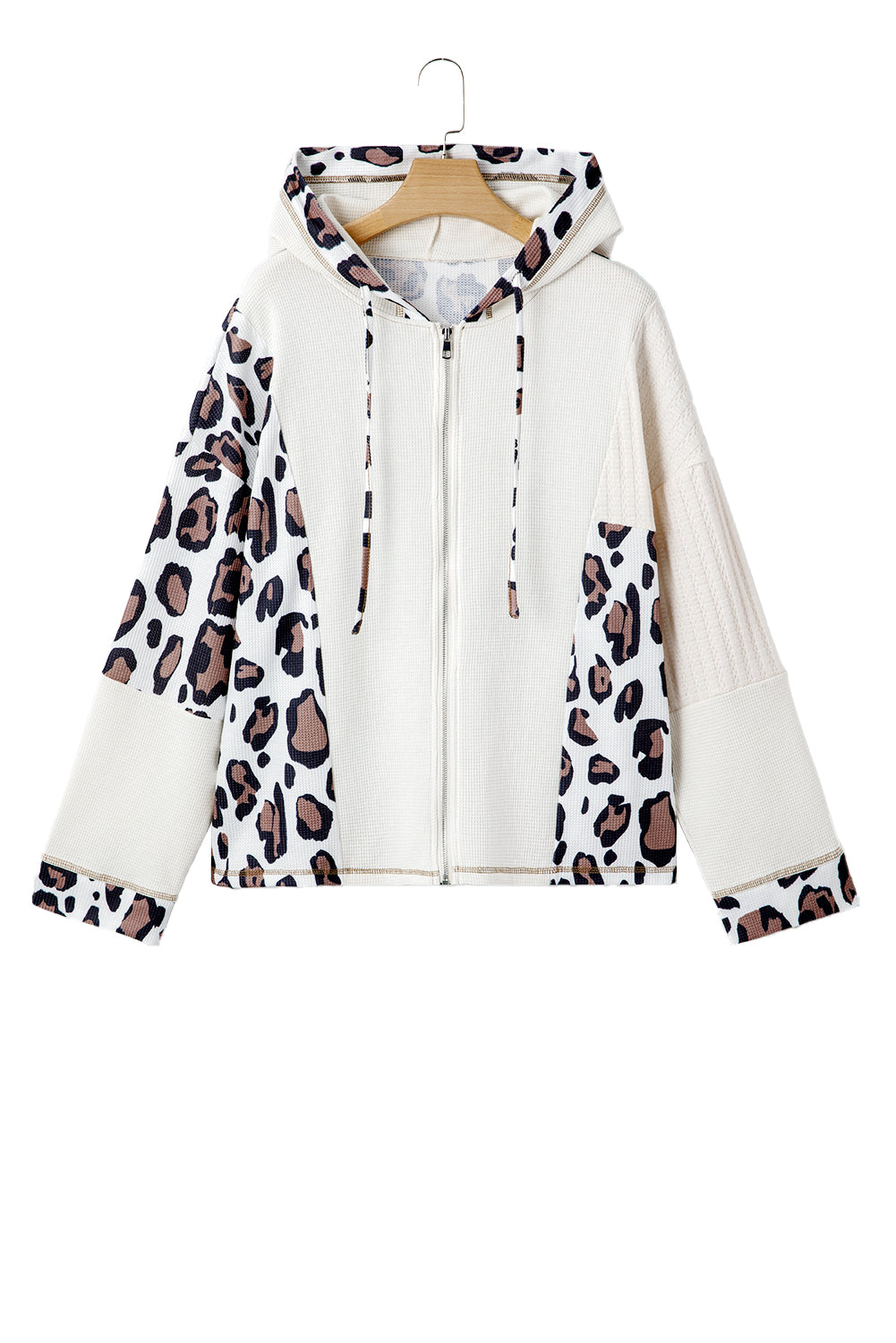 Apricot Leopard Mixed Texture Patchwork Zip Up Drop Shoulder Hoodie
