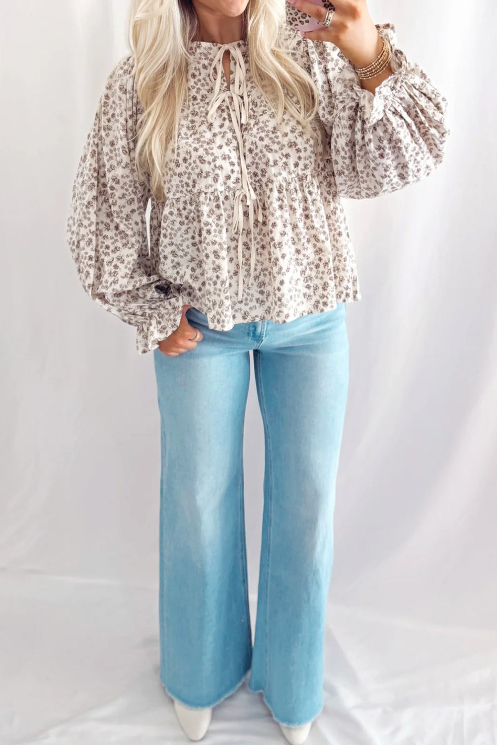 White Bow Tie Front Floral Print Flounce Sleeve Peplum Blouse