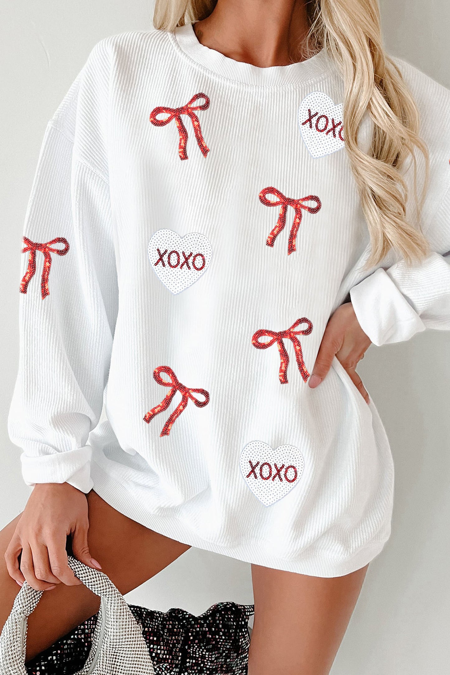 White Sequin Ribbon Bow XOXO Heart Patched Corded Rib Pullover Sweatshirt