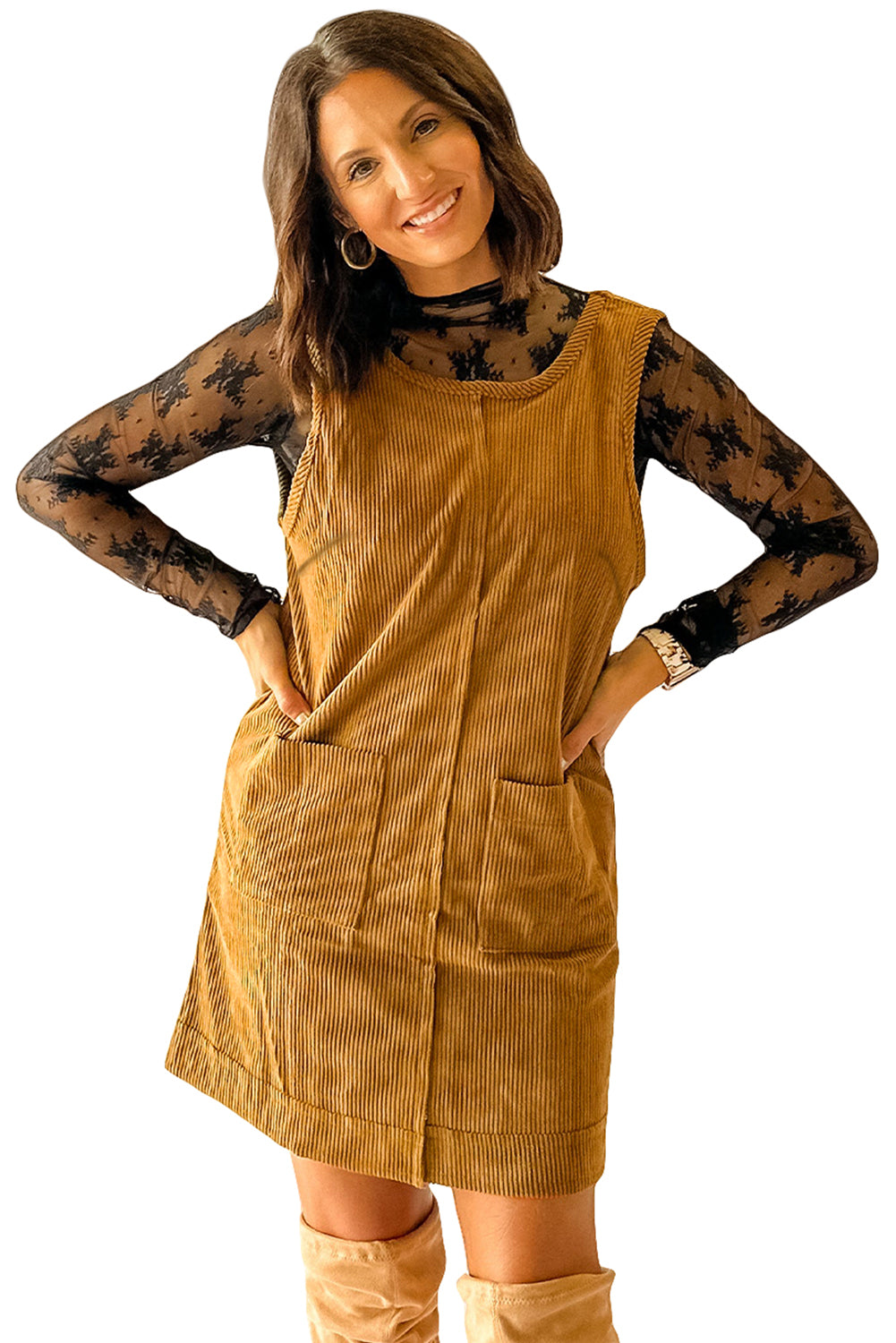 Black Corduroy Exposed Seam Sleeveless Mini Dress