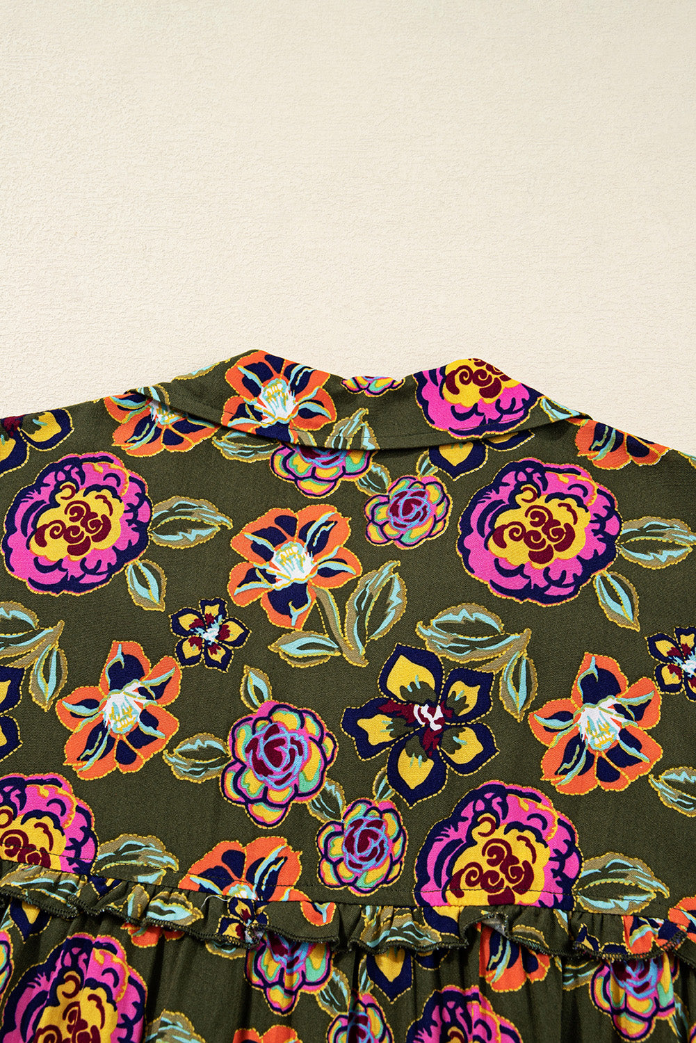 Green Floral Print Split Neck Bubble Sleeve Mini Dress