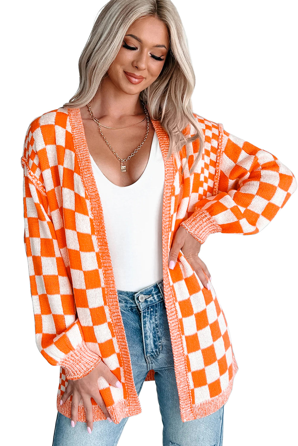 Black Checkered Open Front Drop Shoulder Cardigan