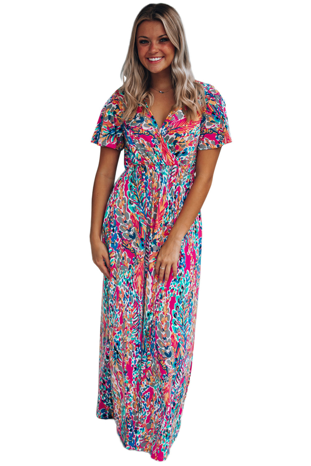 Aubrey Abstract Print Wrap V Neck Flutter Sleeve Mid Length Summer Dress