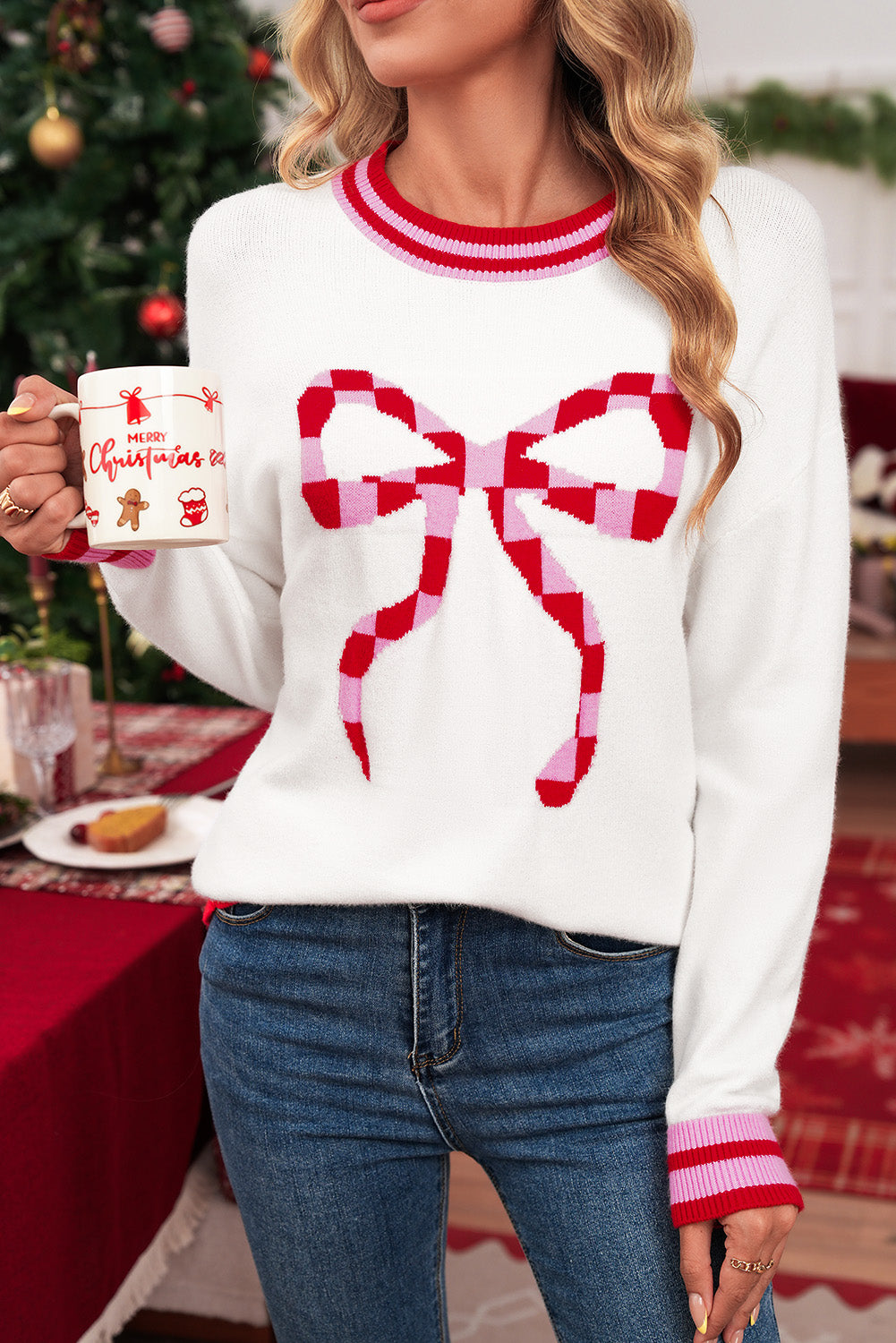 White Bow Pattern Contrast Trim Long Sleeve Sweater