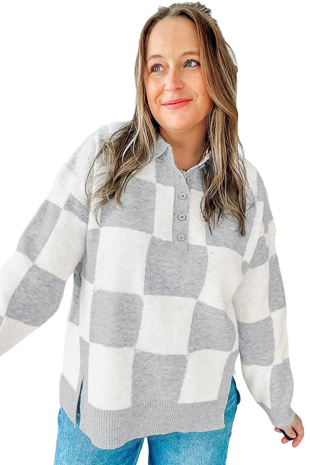 Gray Plus Size Checkered Pattern Button Polo Collar Split Sweater