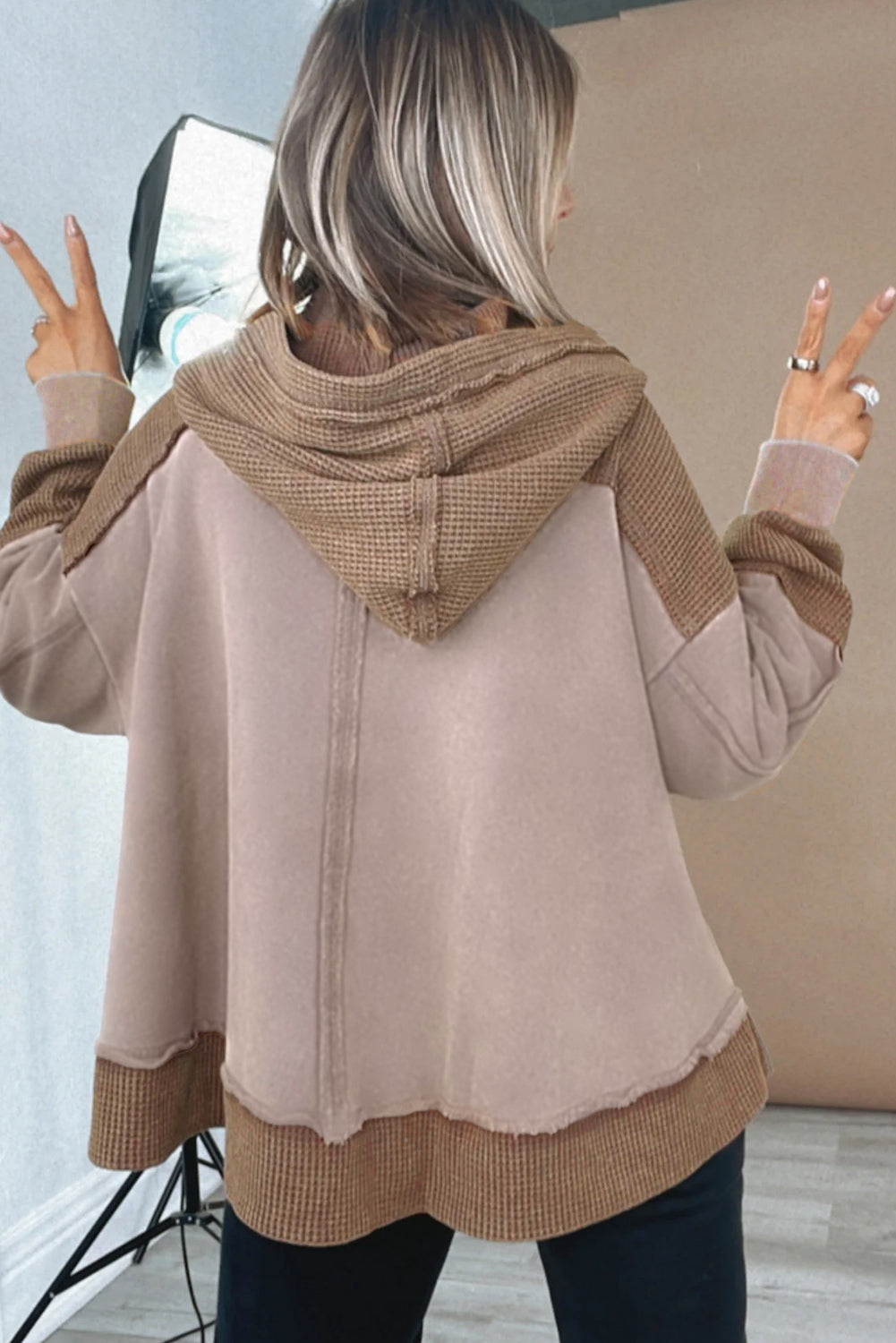 Jenny Waffle Patchwork Exposed Seam Oversized Hoodie