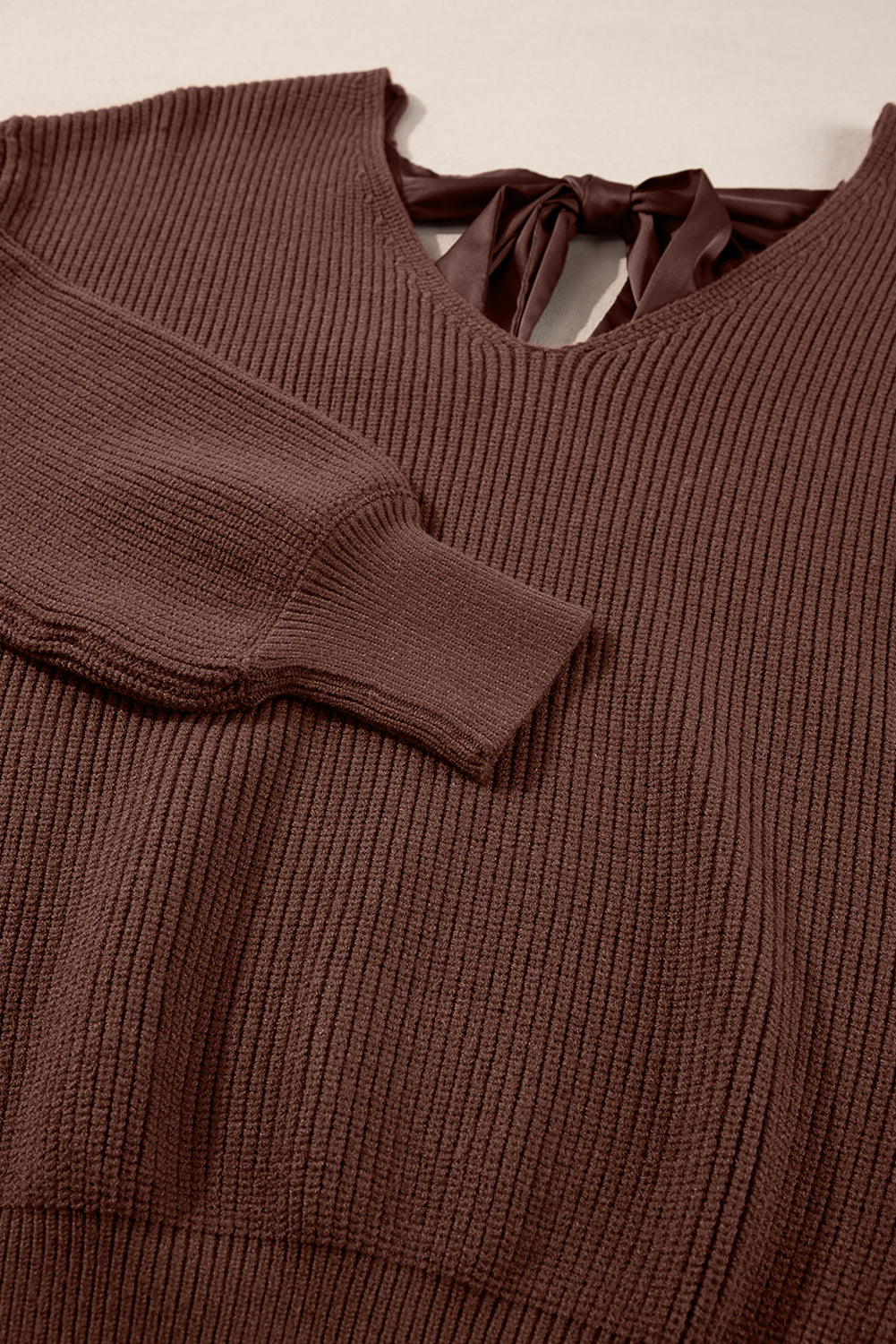 Racing Red Lantern Sleeve V Neck Knot Back Sweater