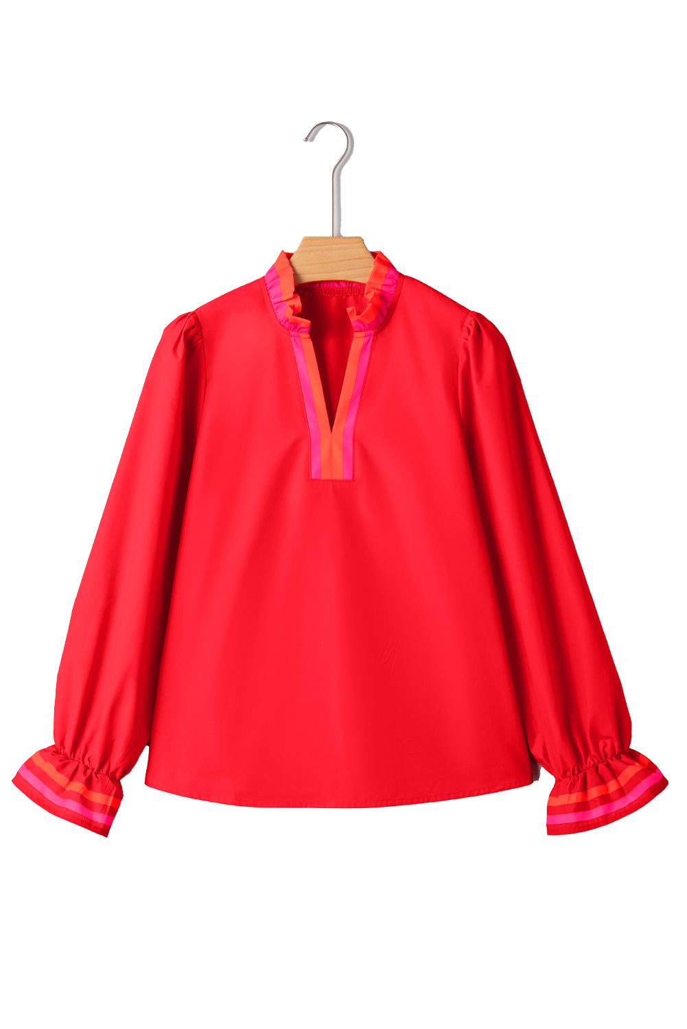 Kate Striped Ruffle Split Neck Long Sleeve Blouse