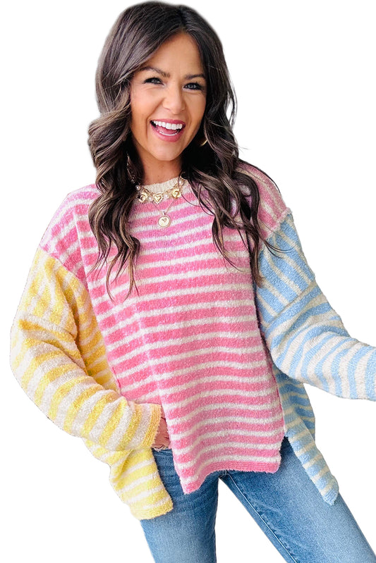 Multicolour Colorblock Striped Patchwork Dolman Sleeve Slit Sweater