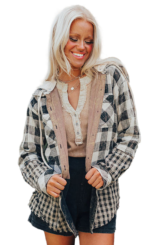 Black Plaid Patchwork Drawstring Hooded Raw Hem Shacket
