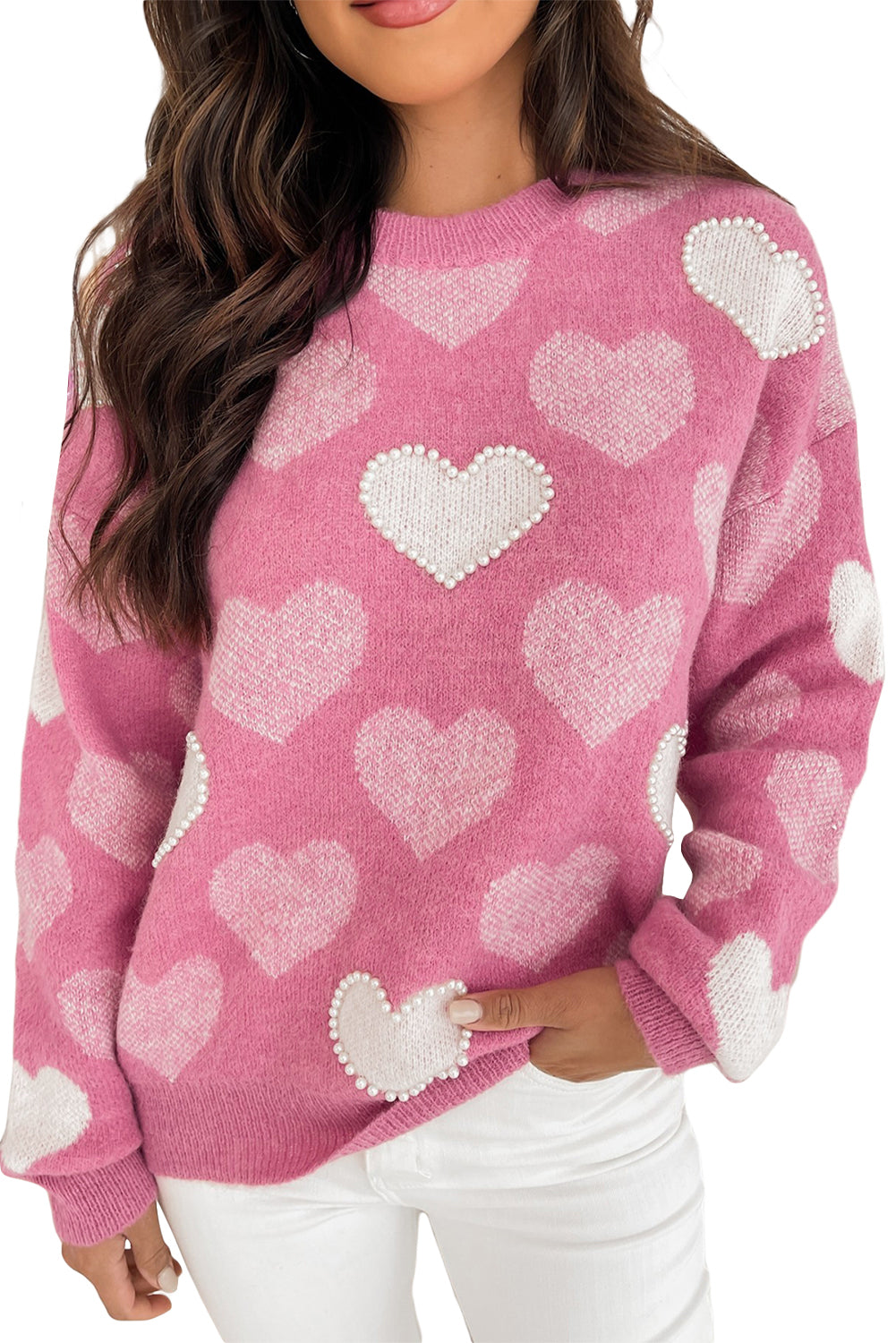 Pink Pearl Heart Print Valentines Crew Neck Sweater