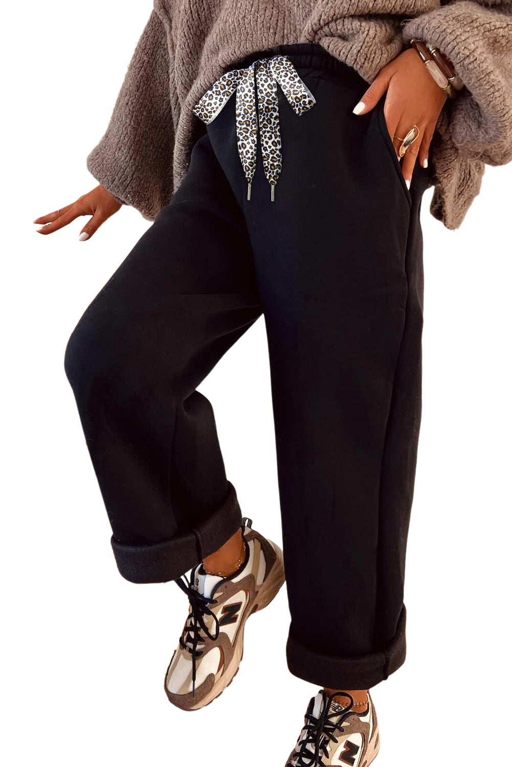 Coffee Leopard Drawstring Winter Fleece Pants