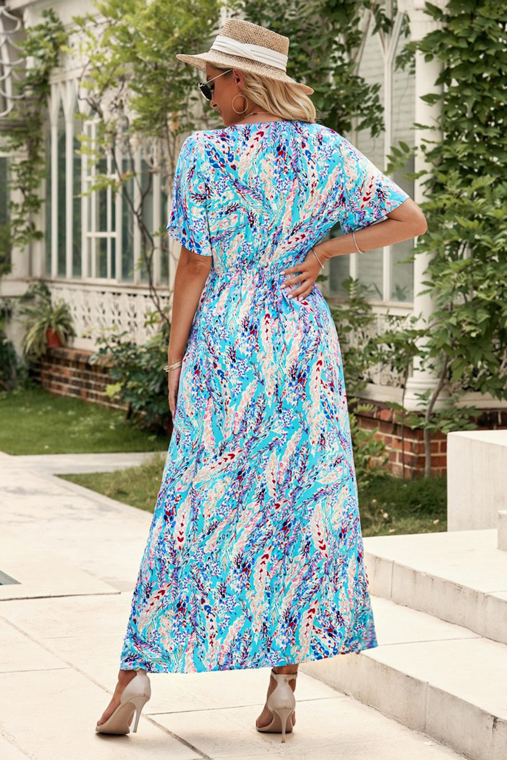 Aubrey Abstract Print Wrap V Neck Flutter Sleeve Mid Length Summer Dress